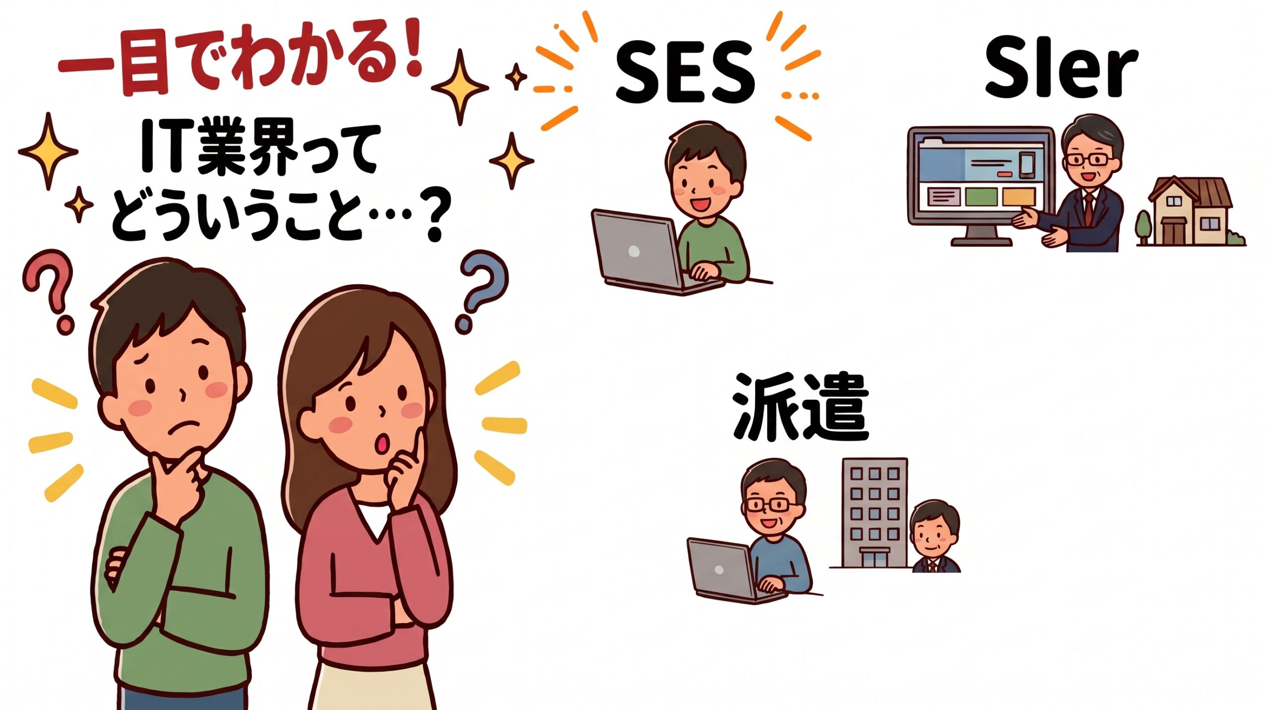 IT業界の仕組みに首をかしげる男女と、SES・SIer・派遣の3つの働き方を描いたイラスト