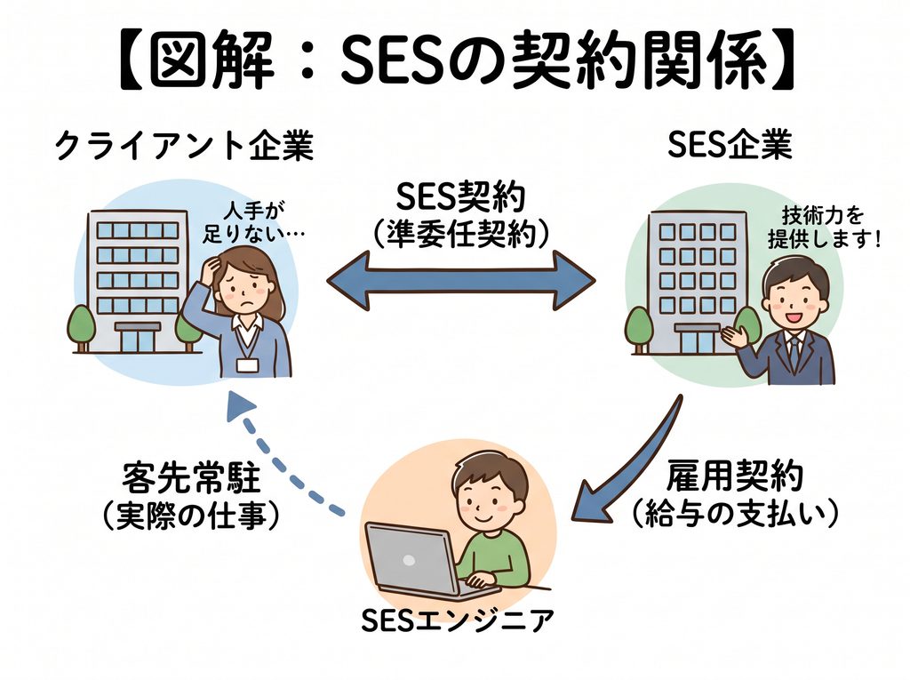 SESの契約関係の図。クライアント企業とSES企業がSES契約(準委任契約)を結び、SES企業がエンジニアと雇用契約を結んで給与を払う。エンジニアはクライアント企業に客先常駐して実際の仕事をする。