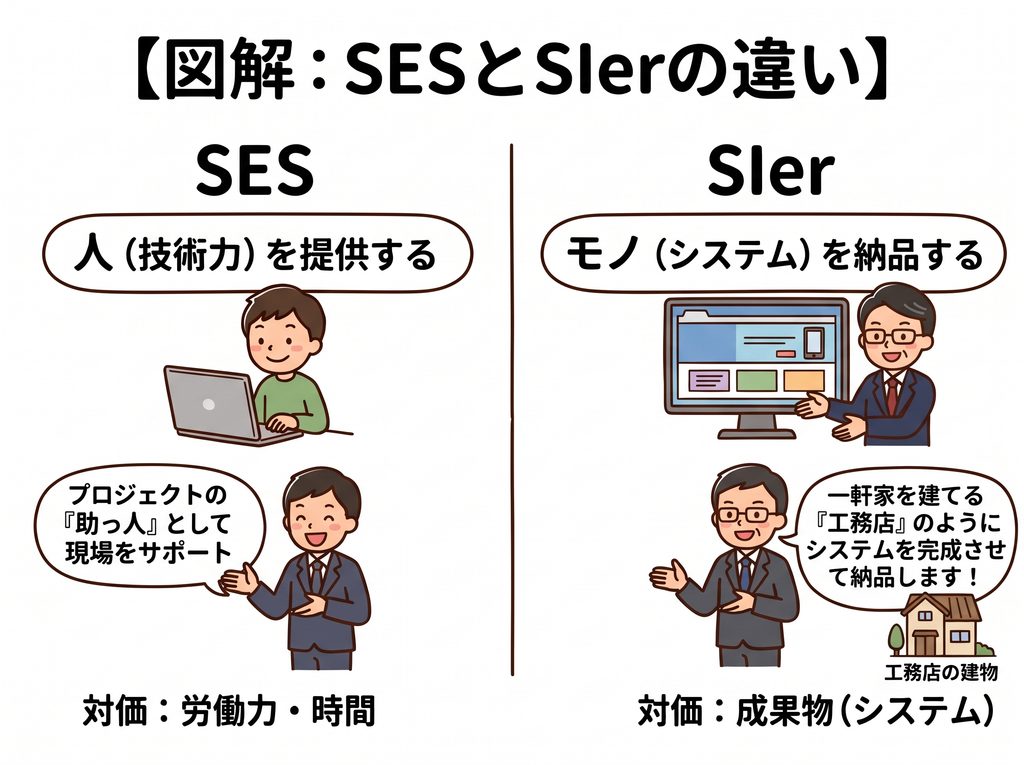 SESとSIerの違いの図。SESは人(技術力)を提供し、対価は労働力・時間。SIerはモノ(システム)を完成させて納品し、対価は成果物。
