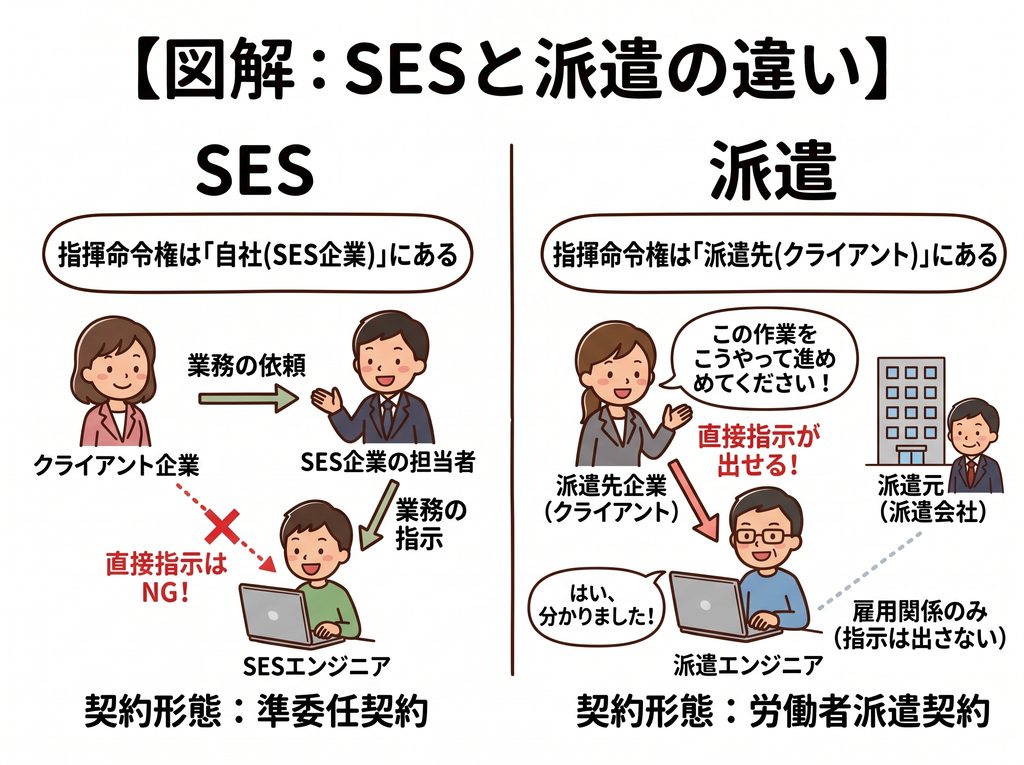 SESと派遣の違いの図。SESは準委任契約で、指揮命令権は自社(SES企業)にあり、客先からの直接指示はNG。派遣は労働者派遣契約で、指揮命令権は派遣先にあり、直接指示が出せる。