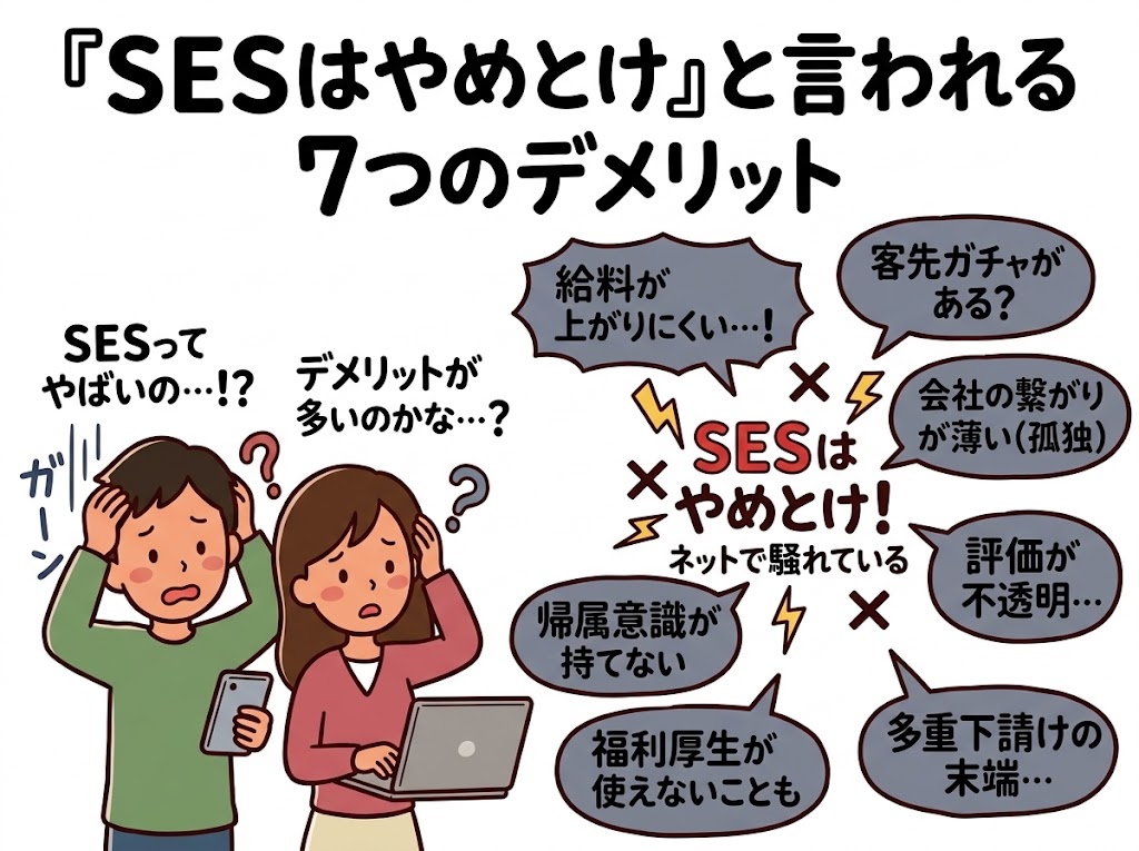 SESはやめとけと言われる7つのデメリットの図。給料が上がりにくい、客先ガチャがある、会社の繋がりが薄い、評価が不透明、帰属意識が持てない、福利厚生が使えないことも、多重下請けの末端。