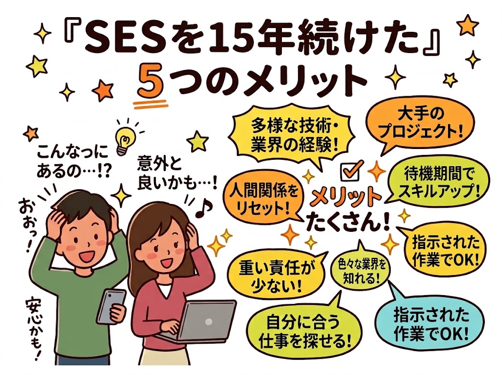 SESを15年続けた5つのメリットの図。多様な技術・業界の経験、大手のプロジェクト、人間関係をリセット、待機期間でスキルアップ、指示された作業でOK。