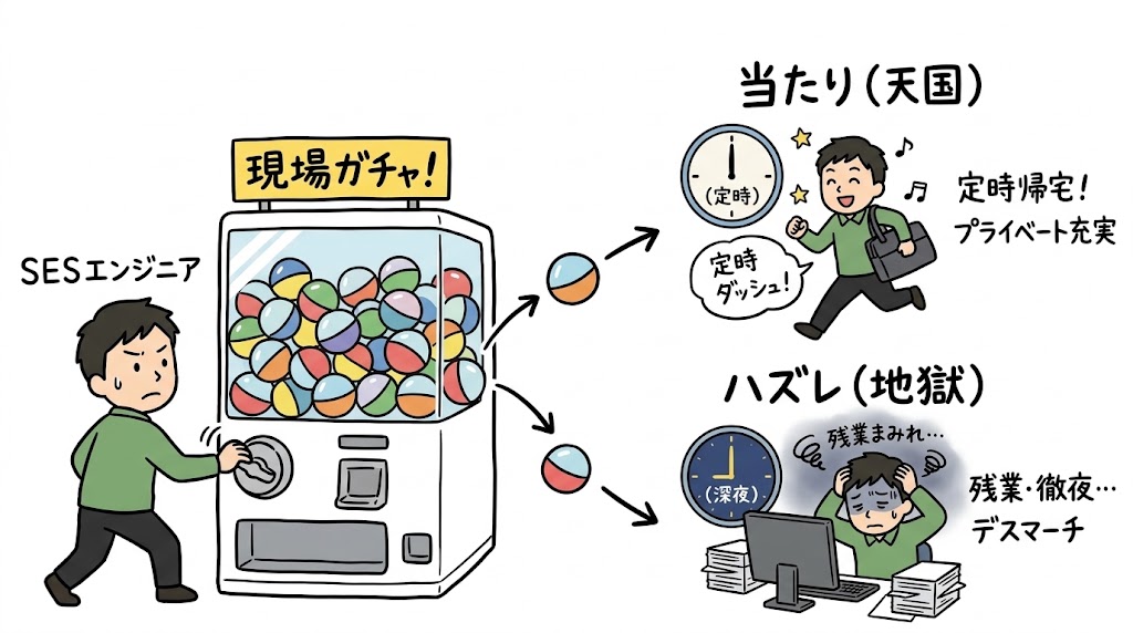 SESの現場ガチャのイラスト。ガチャを回すSESエンジニアに、定時で帰れる当たり現場と、残業や徹夜が続くハズレ現場が出てくる。