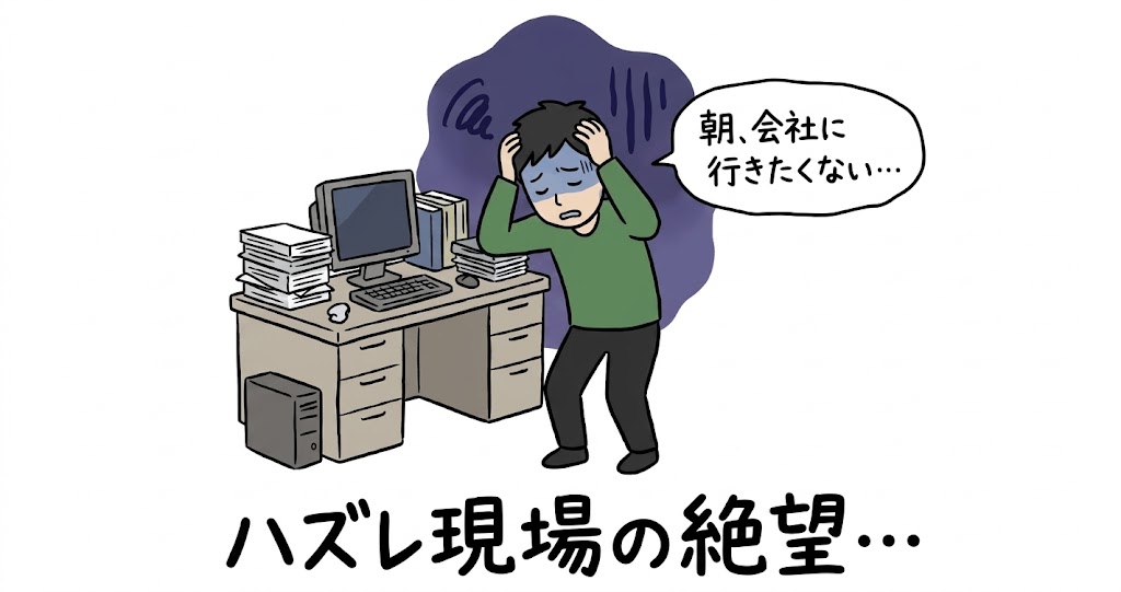 「朝、会社に行きたくない」とデスクの前で頭を抱えるSESエンジニア。ハズレ現場の絶望を表したイラスト