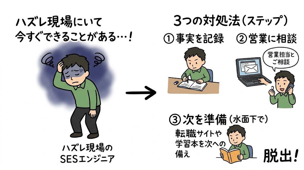 ハズレ現場で今すぐできる3つの対処法の図。1．事実を記録する、2．営業担当に相談する、3．転職サイトや学習本で水面下で次を準備する。
