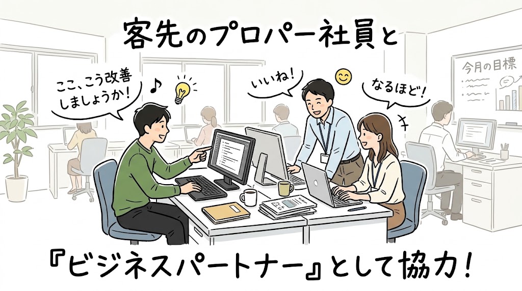 客先のプロパー社員とビジネスパートナーとして協力し、画面を見ながら改善案を話し合うSESエンジニアのイラスト