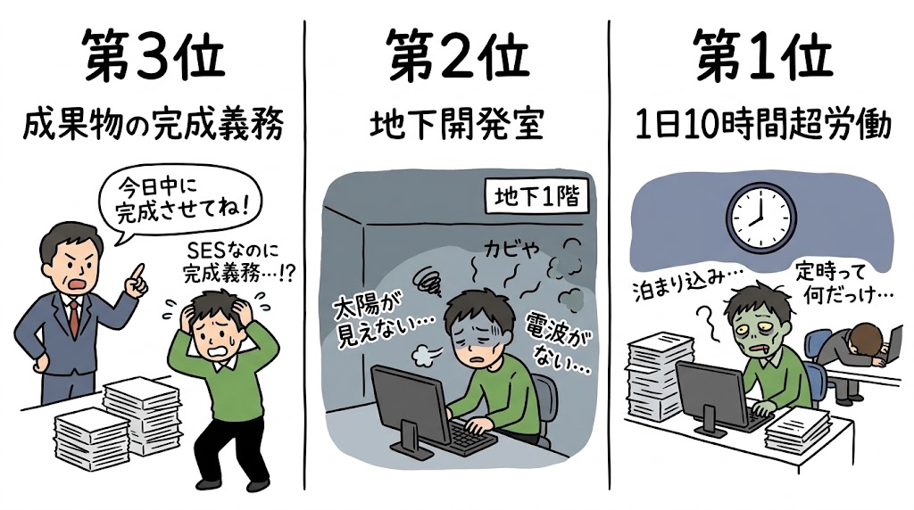 最悪な現場ワースト3の図。第3位は成果物の完成義務を押し付けられる現場、第2位は太陽も電波も届かない地下開発室、第1位は1日10時間超の労働が前提で泊まり込みもある現場。