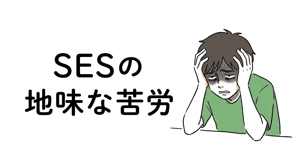 SESの地味な苦労に疲れ果て、頭を抱えるエンジニアのイラスト