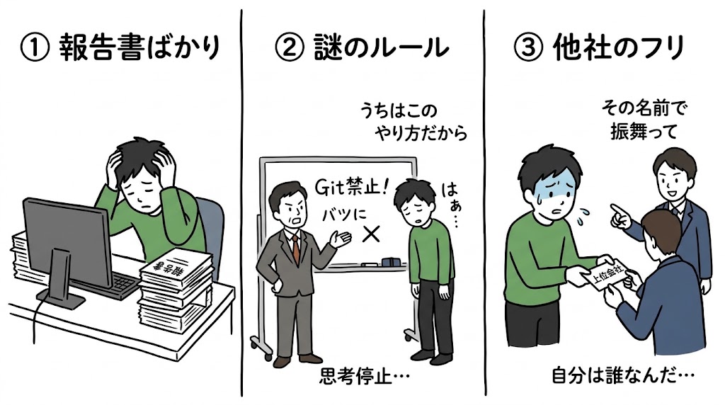 SESの地味な苦労3つの図。1．報告書ばかり書かされる、2．Git禁止などの謎のルールに思考停止で従わされる、3．上位会社の名刺を渡され他社のフリをさせられる。